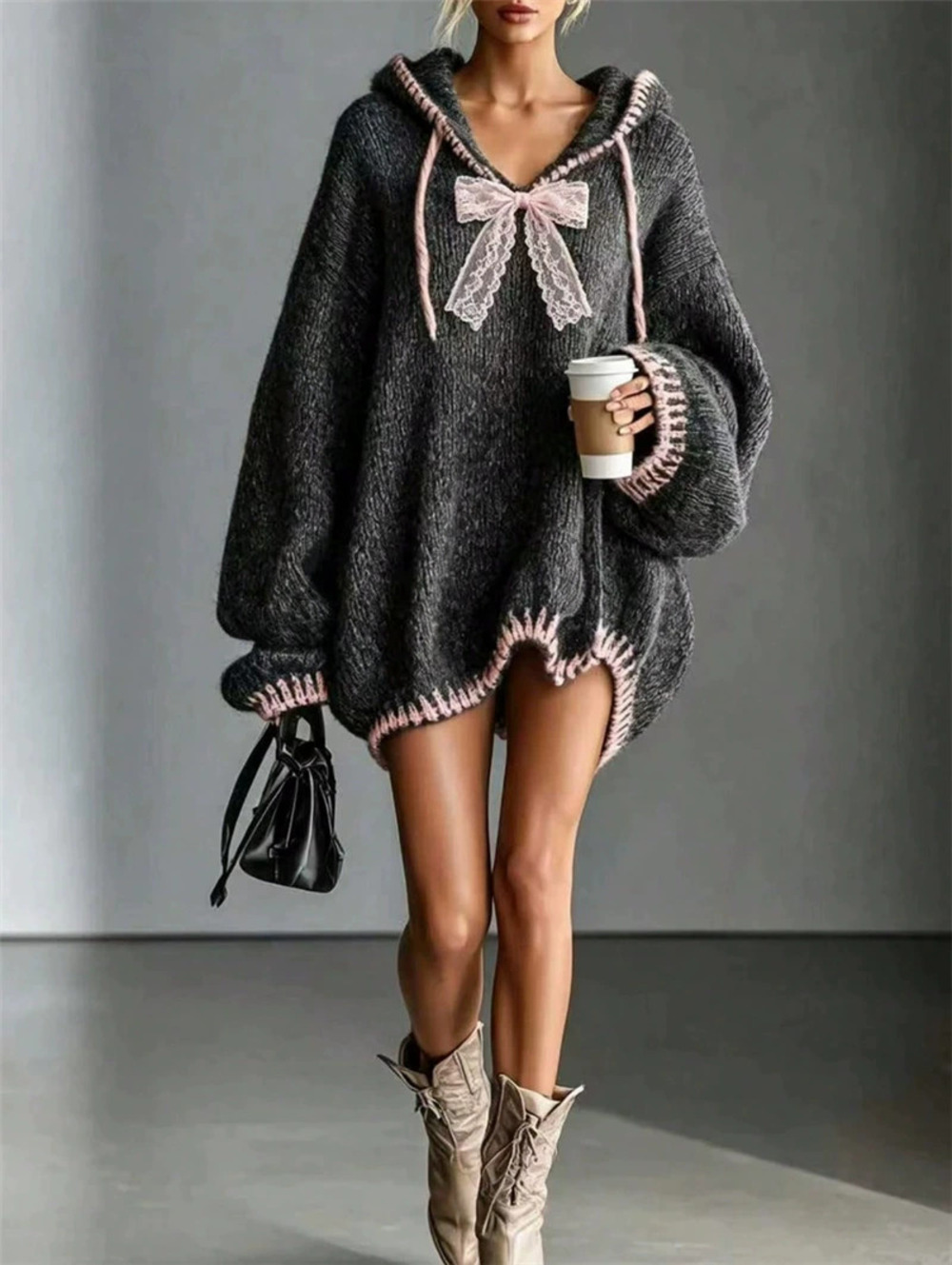 Zara New Lace Bow Drop Shoulder Long Sleeve Hooded Knit Sweater Dress
